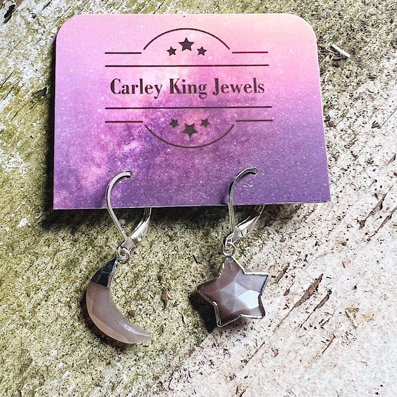 Silver Chocolate Moonstone Moon and Star Earrings