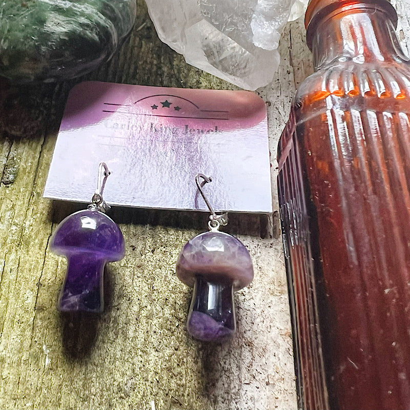 Cute Lil’ Silver Amethyst Mushroom Earrings