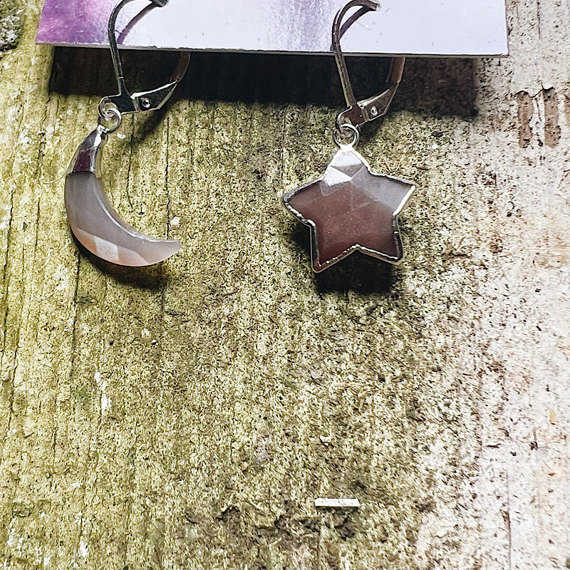 Silver Chocolate Moonstone Moon and Star Earrings