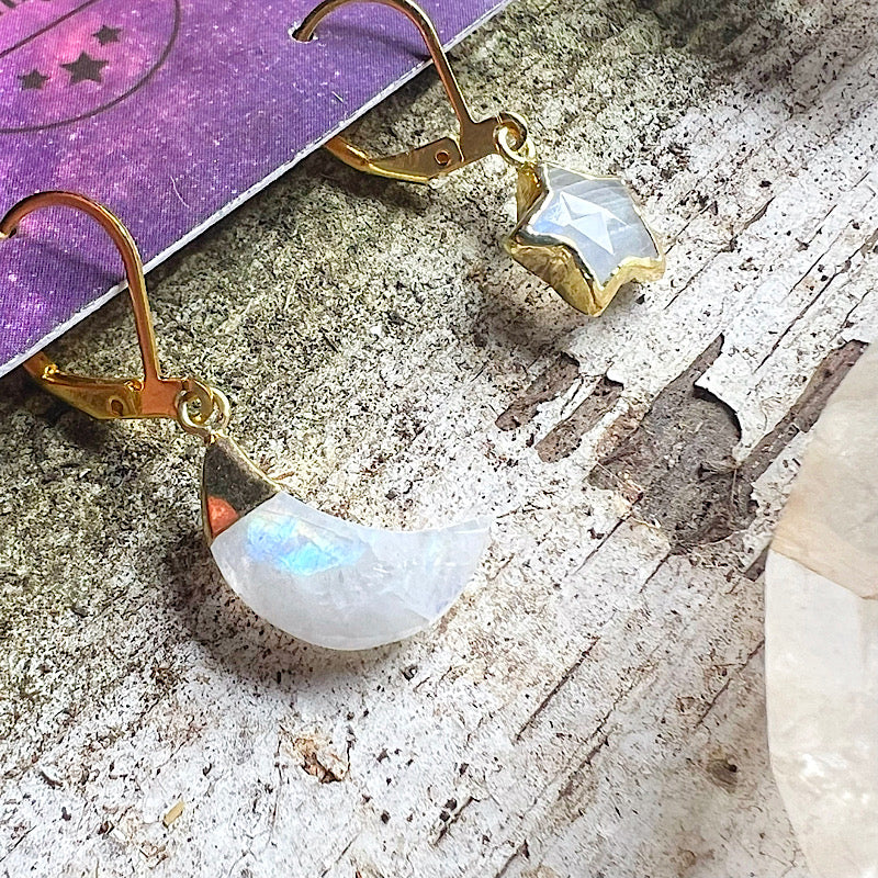 Gold Moonstone Moon and Star Earrings