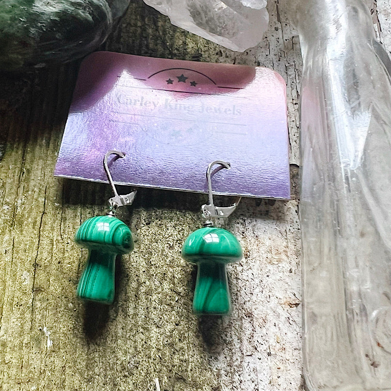 Cute Lil’ Silver Malachite Mushroom Earrings