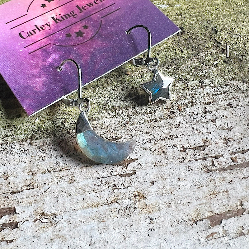 Silver Super Flashy Labradorite Moon and Star Earrings