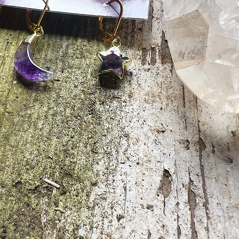 Silver Amethyst Moon and Star Earrings
