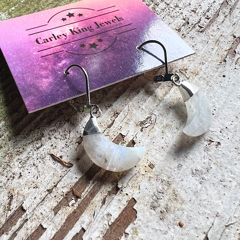 Silver Moonstone Moon Earrings