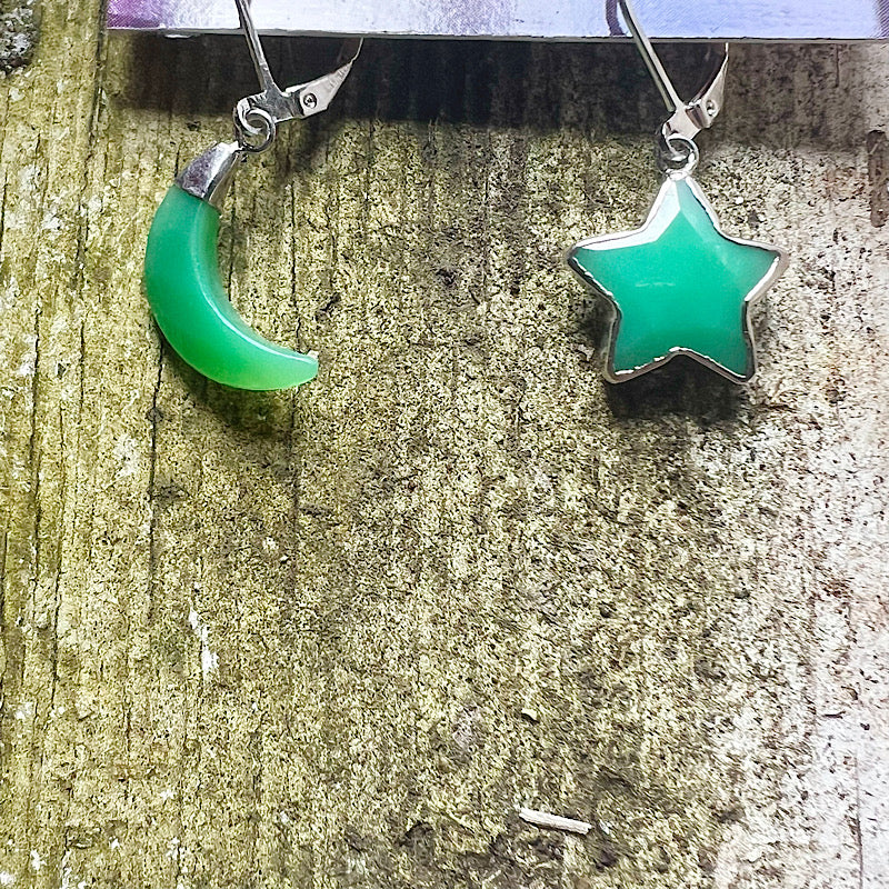 Silver Chrysoprase Moon and Star Earrings