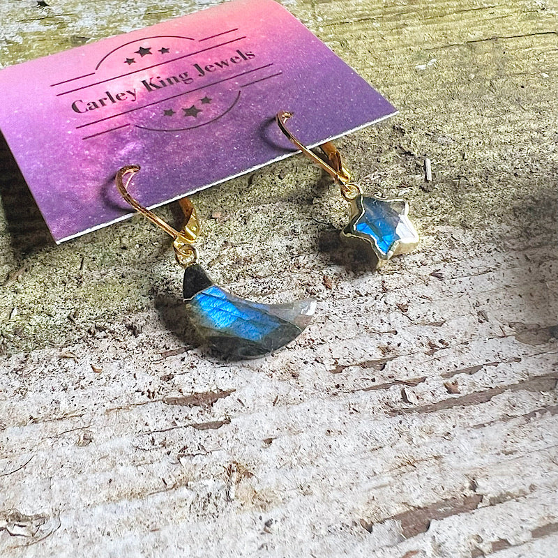 Gold Super Flashy Labradorite Moon and Star Earrings