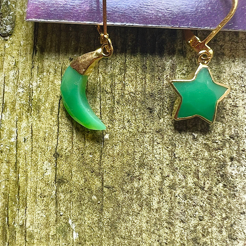 Gold Chrysoprase Moon and Star Earrings