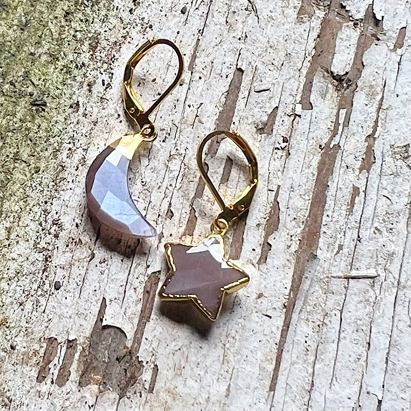 Gold Chocolate Moonstone Moon and Star Earrings