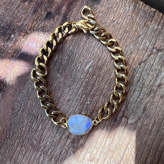 Adjustable Gold Curb Chain Bracelet with Moonstone