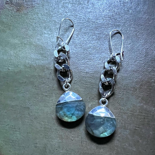 Silver Curb Chain Earrings with Labradorite