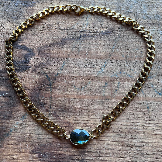 Gold Curb Chain Adjustable Necklace with Labradorite