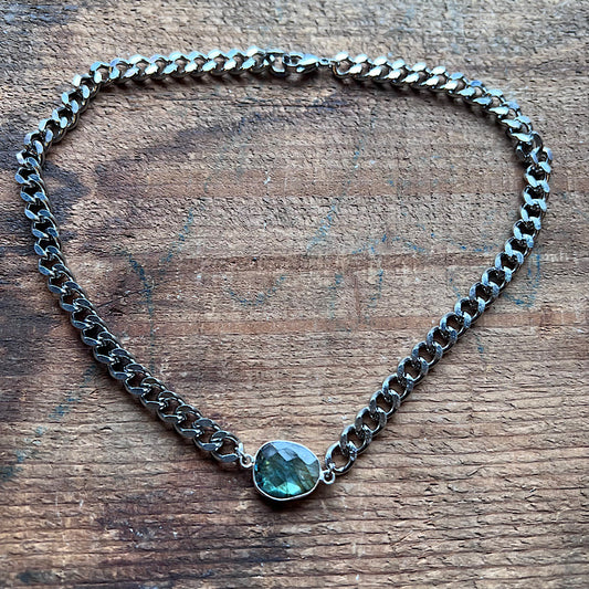 Silver Curb Chain Adjustable Necklace with Labradorite