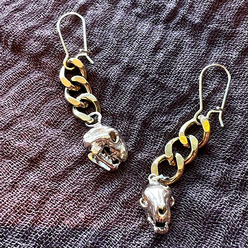 Curb Chain Bronze Cat Skull Earrings