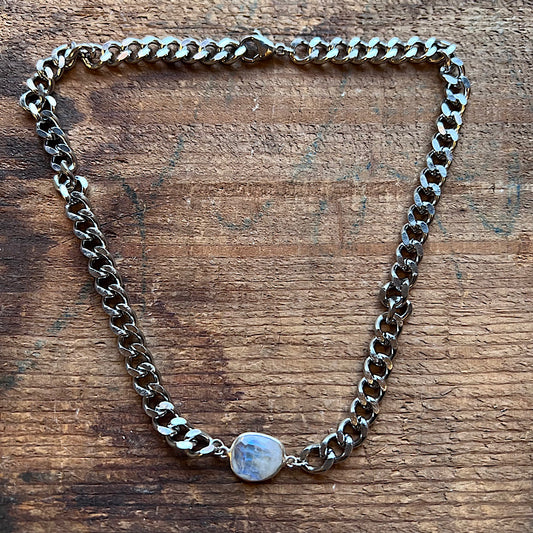Silver Curb Chain Adjustable Necklace with Moonstone