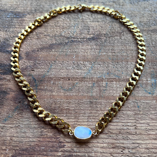 Gold Curb Chain Adjustable Necklace with Moonstone