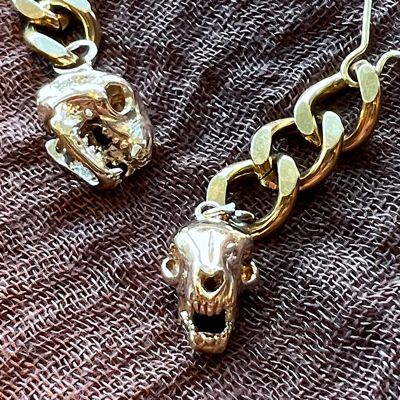 Curb Chain Bronze Cat Skull Earrings