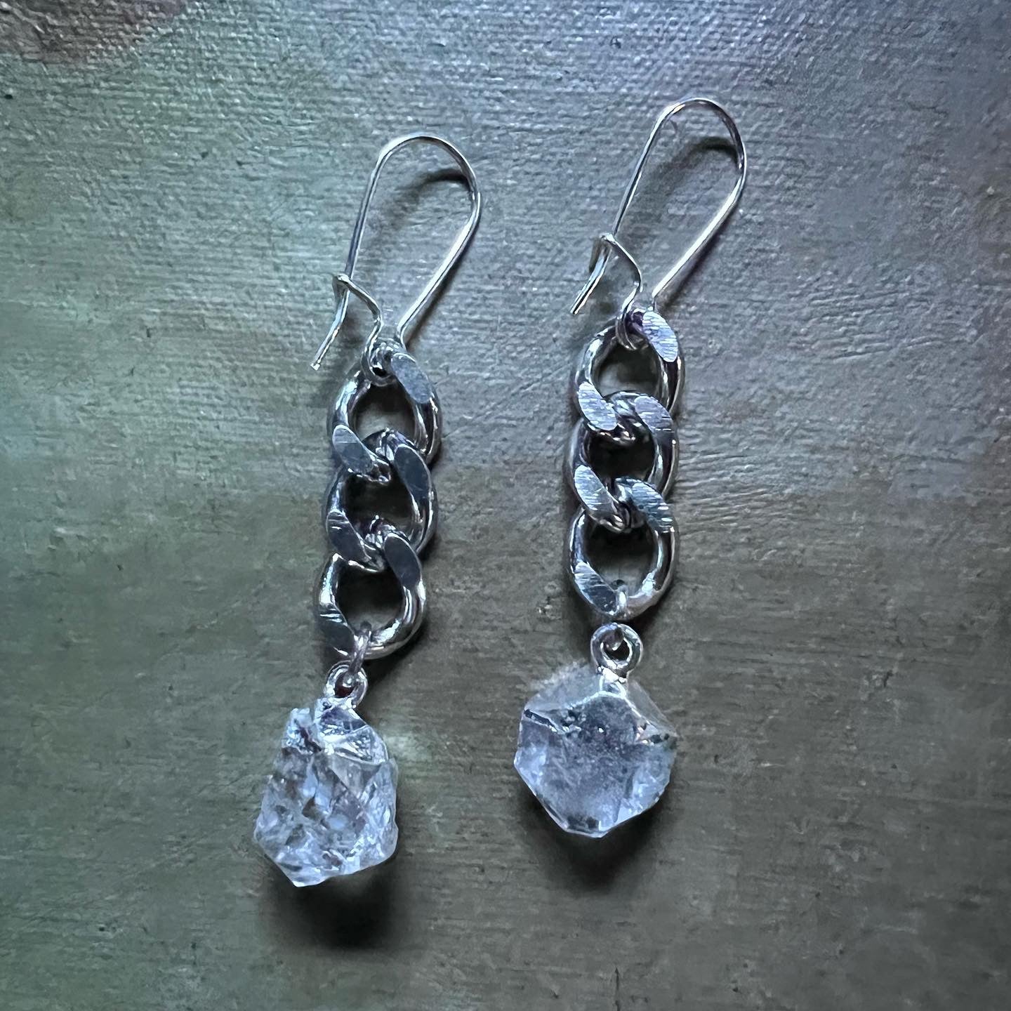 Silver Curb Chain Earrings with Herkimer Diamonds