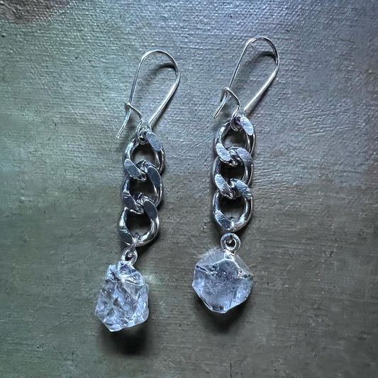 Silver Curb Chain Earrings with Herkimer Diamonds