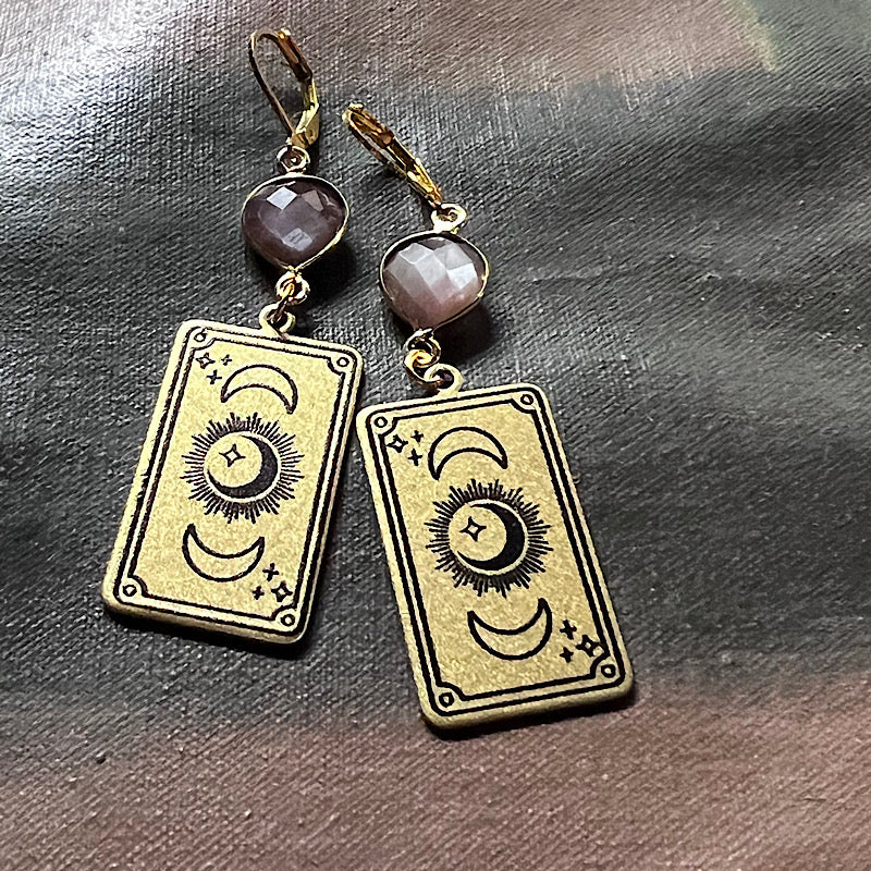The Moon Tarot Card Earrings with Chocolate Moonstone