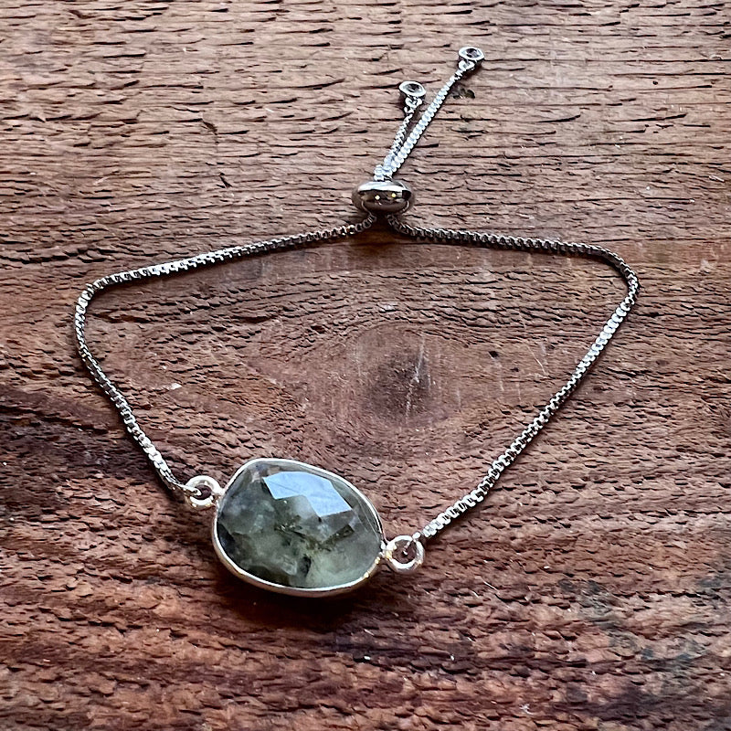 Adjustable Silver Bracelet with Prehnite for Peace & Protection