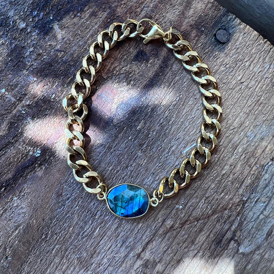 Adjustable Gold Curb Chain Bracelet with Labradorite