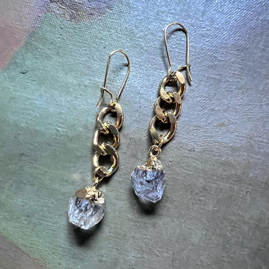 Gold Curb Chain Earrings with Herkimer Diamonds
