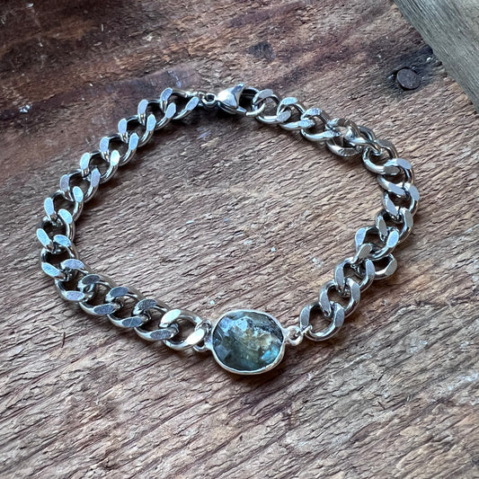 Adjustable Silver Curb Chain Bracelet with Labradorite