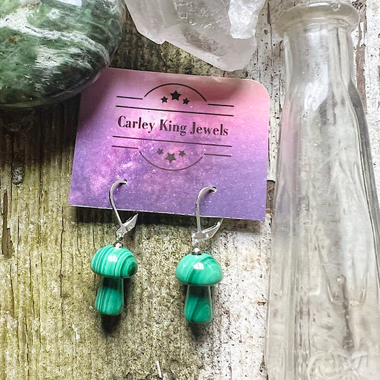 Cute Lil’ Silver Malachite Mushroom Earrings