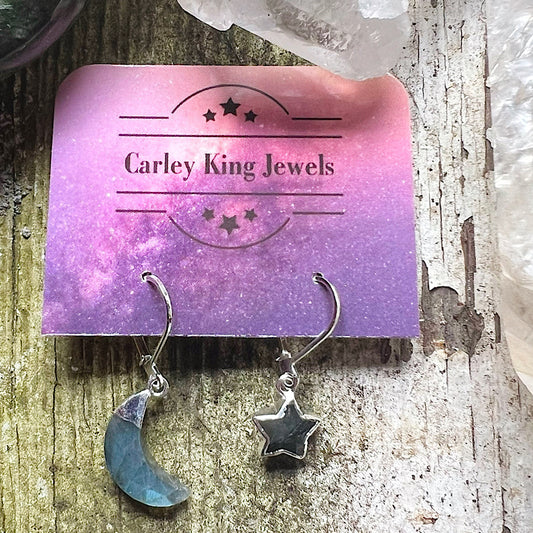 Silver Super Flashy Labradorite Moon and Star Earrings