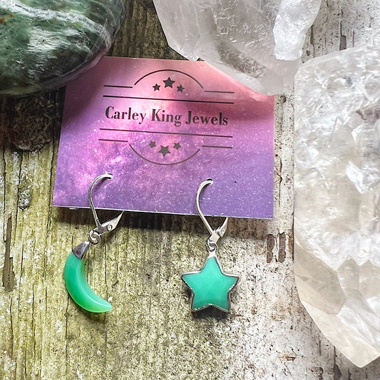 Silver Chrysoprase Moon and Star Earrings