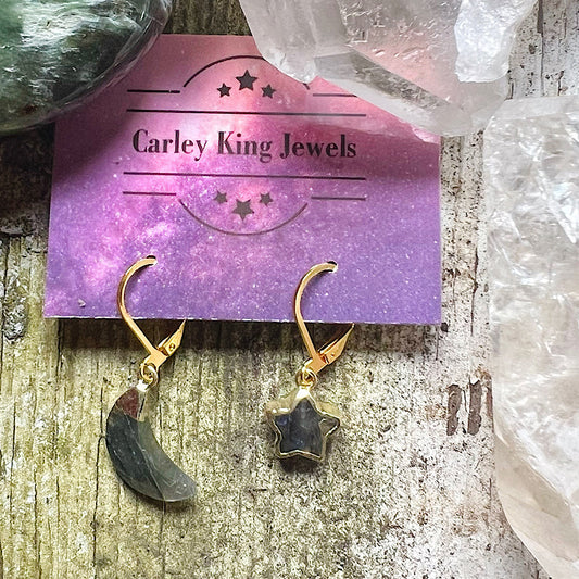 Gold Super Flashy Labradorite Moon and Star Earrings