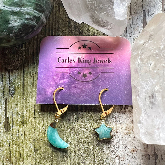 Gold Amazonite Moon and Star Earrings