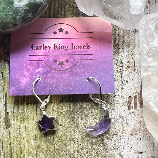 Silver Amethyst Moon and Star Earrings