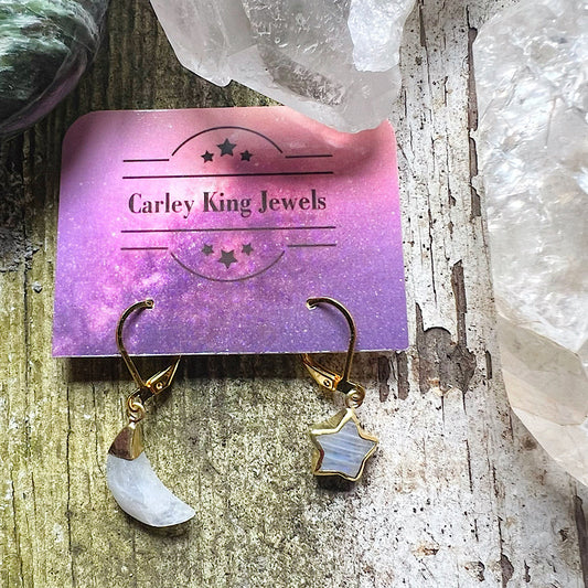 Gold Moonstone Moon and Star Earrings