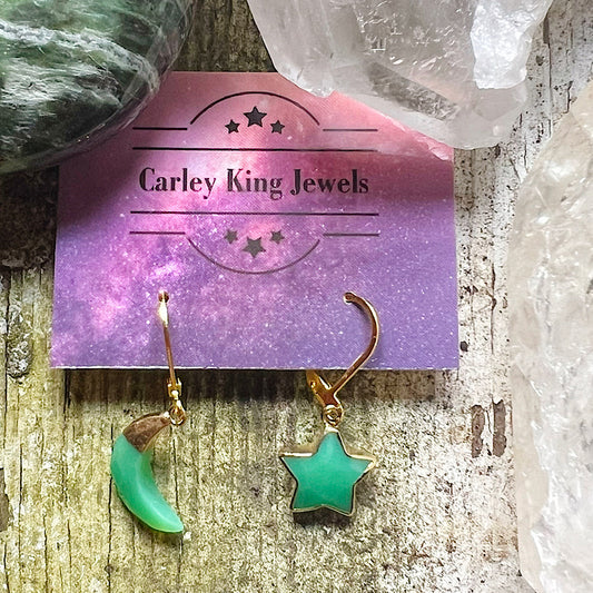 Gold Chrysoprase Moon and Star Earrings