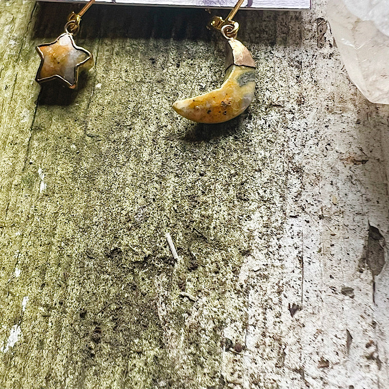 Gold Bumblebee Jasper Moon and Star Earrings