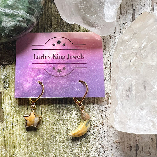 Gold Bumblebee Jasper Moon and Star Earrings