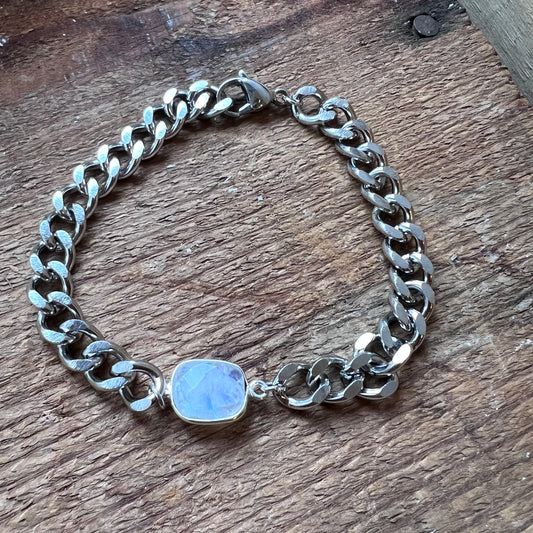 Adjustable Silver Curb Chain Bracelet with Moonstone