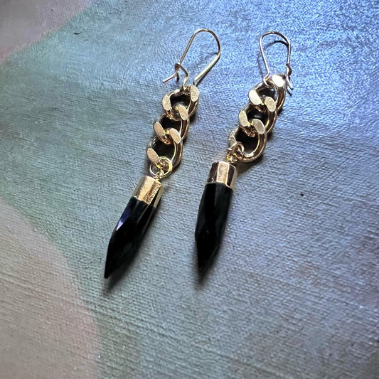 Gold Curb Chain Earrings with Onyx Spikes