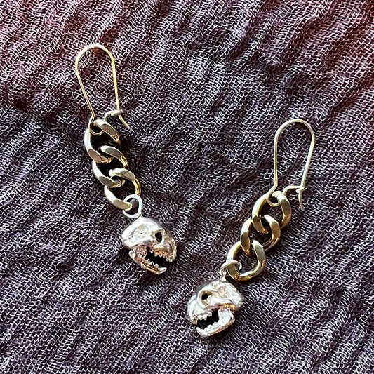 Curb Chain Bronze Cat Skull Earrings