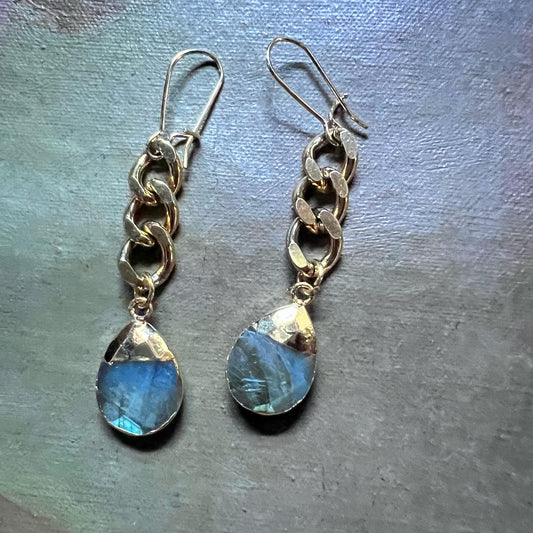 Gold Curb Chain Earrings with Labradorite