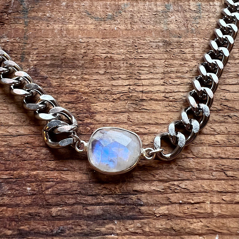 Silver Curb Chain Adjustable Necklace with Moonstone