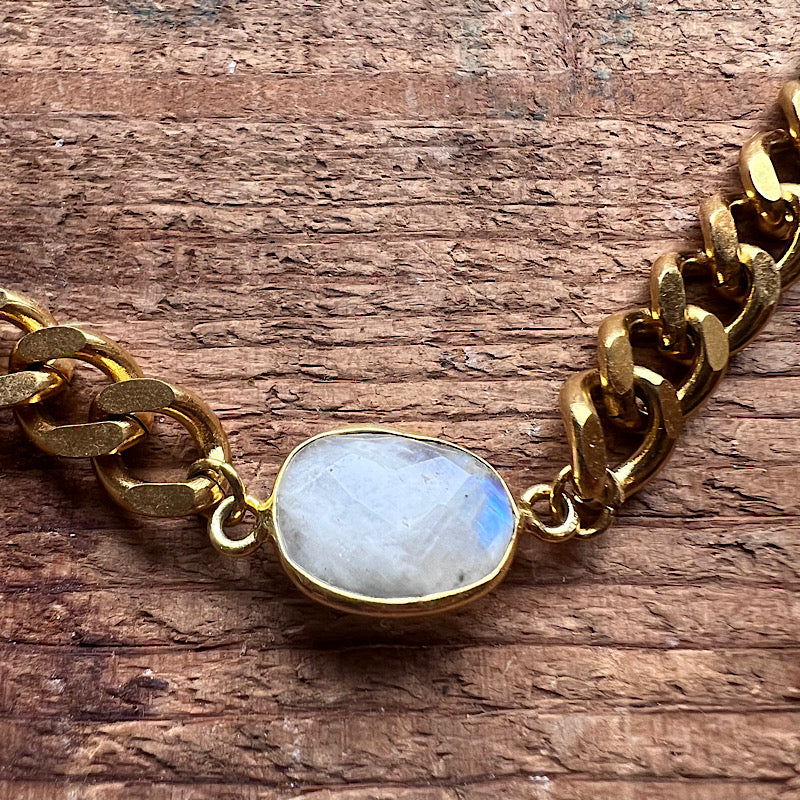 Gold Curb Chain Adjustable Necklace with Moonstone