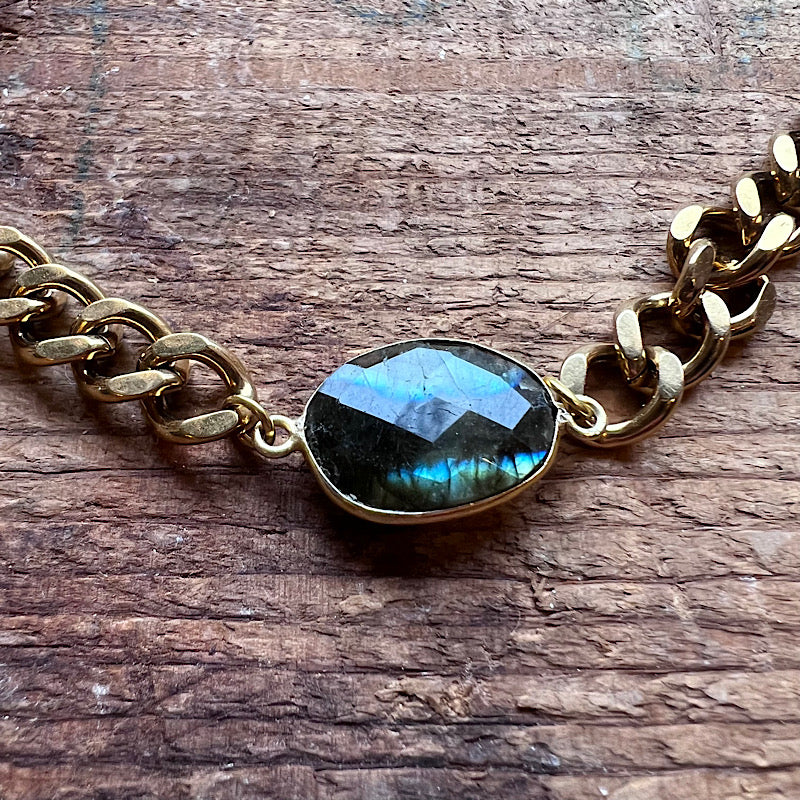 Gold Curb Chain Adjustable Necklace with Labradorite