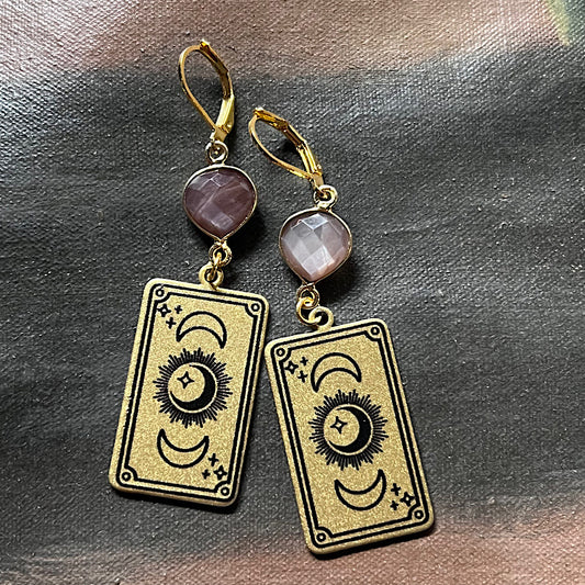 The Moon Tarot Card Earrings with Chocolate Moonstone